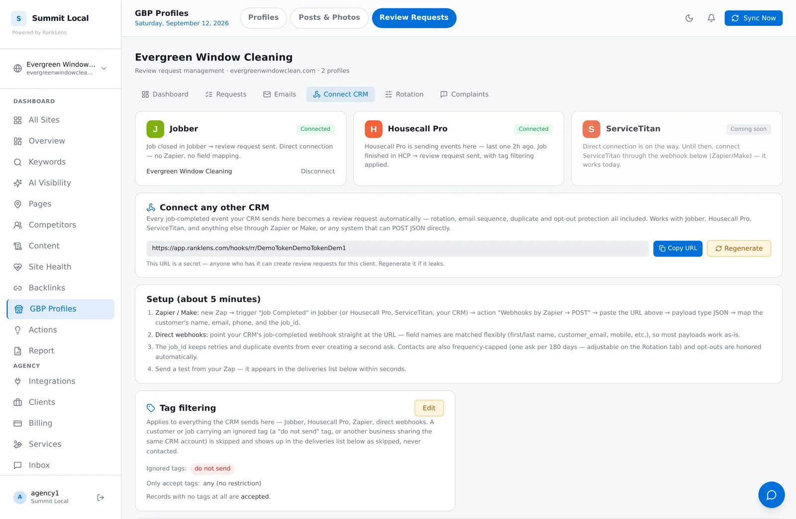 RankLens Connect CRM screen - Jobber and Housecall Pro connected, webhook URL for any other CRM, tag filtering rules