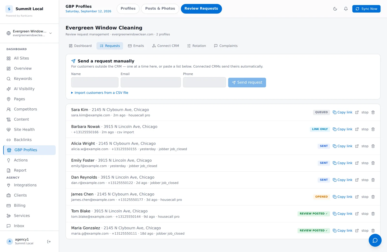 RankLens review requests - CRM-triggered asks with live status: sent, opened, review posted